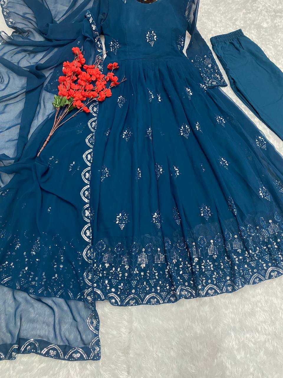 YNF FAUX GEORGETTE KESH164 G55 GOWNS WHOLESALE EMBROIDERED ANARKALI GEORGETTE BLUE GOWNS MANUFACTURER - Deevit International