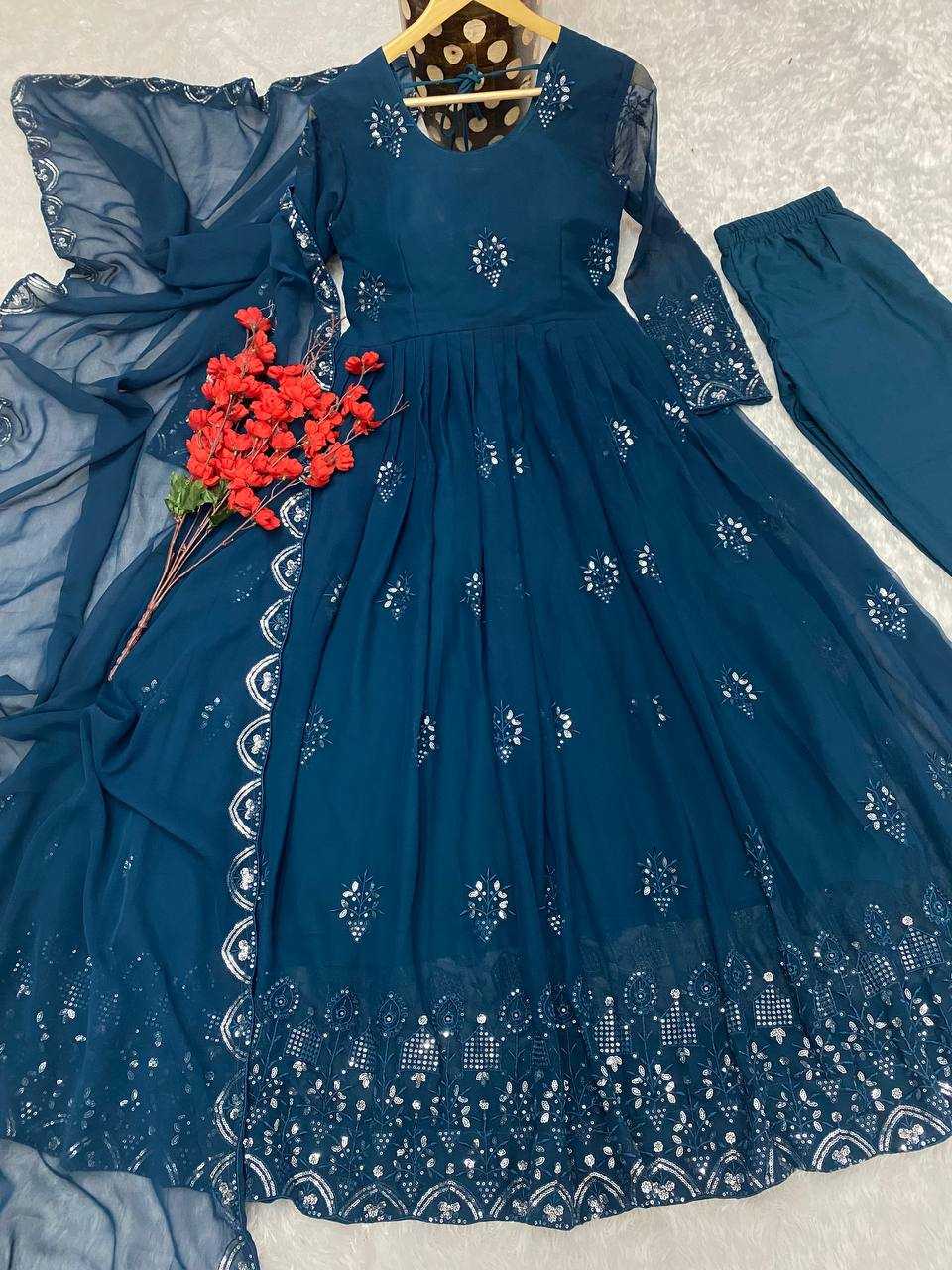 YNF FAUX GEORGETTE KESH164 G55 GOWNS WHOLESALE EMBROIDERED ANARKALI GEORGETTE BLUE GOWNS MANUFACTURER - Deevit International