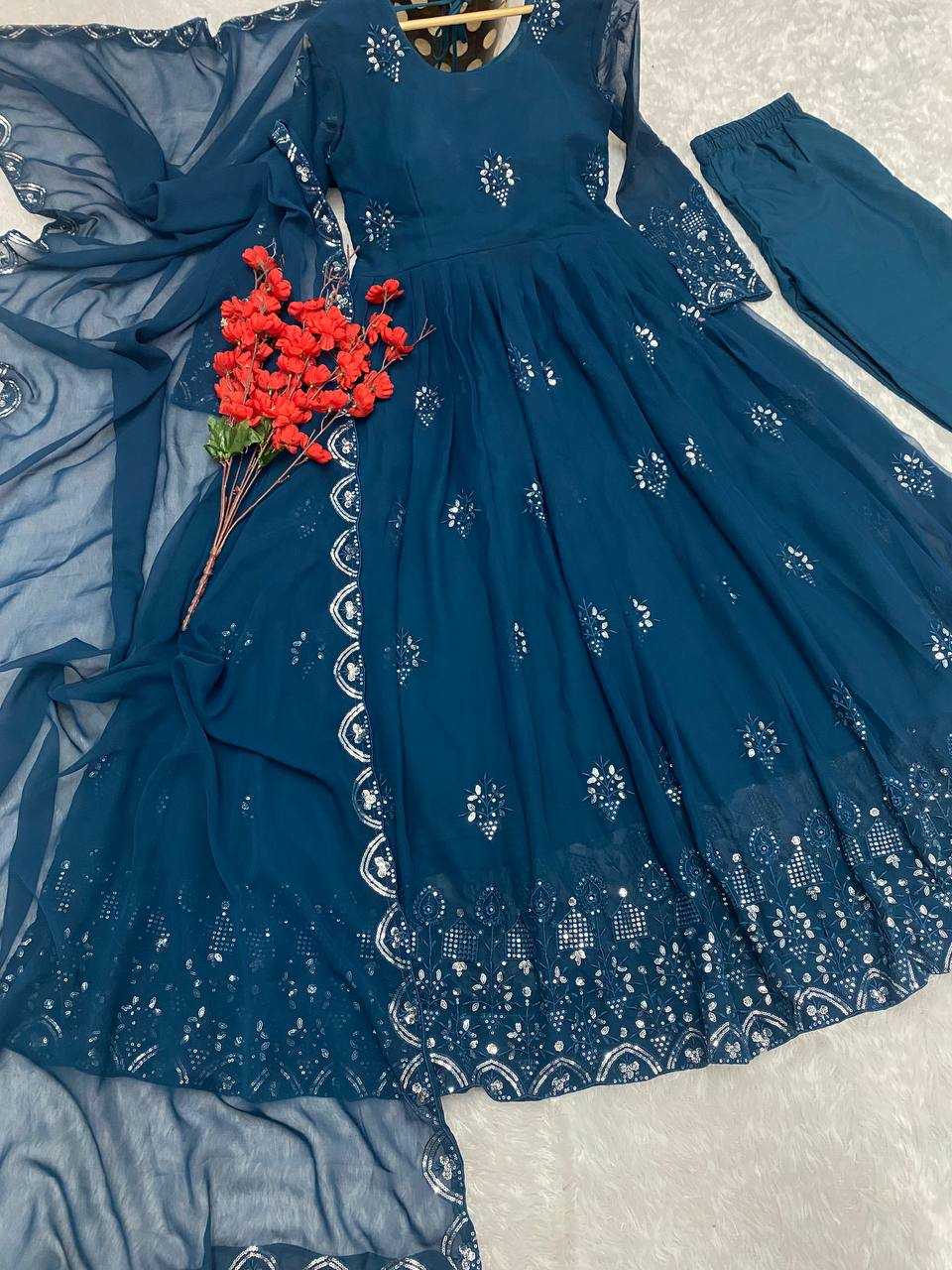 YNF FAUX GEORGETTE KESH164 G55 GOWNS WHOLESALE EMBROIDERED ANARKALI GEORGETTE BLUE GOWNS MANUFACTURER - Deevit International