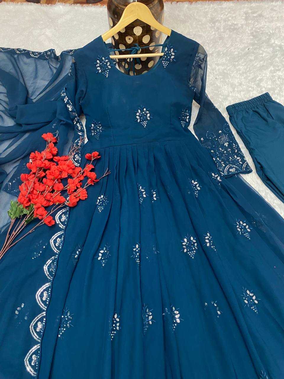 YNF FAUX GEORGETTE KESH164 G55 GOWNS WHOLESALE EMBROIDERED ANARKALI GEORGETTE BLUE GOWNS MANUFACTURER - Deevit International