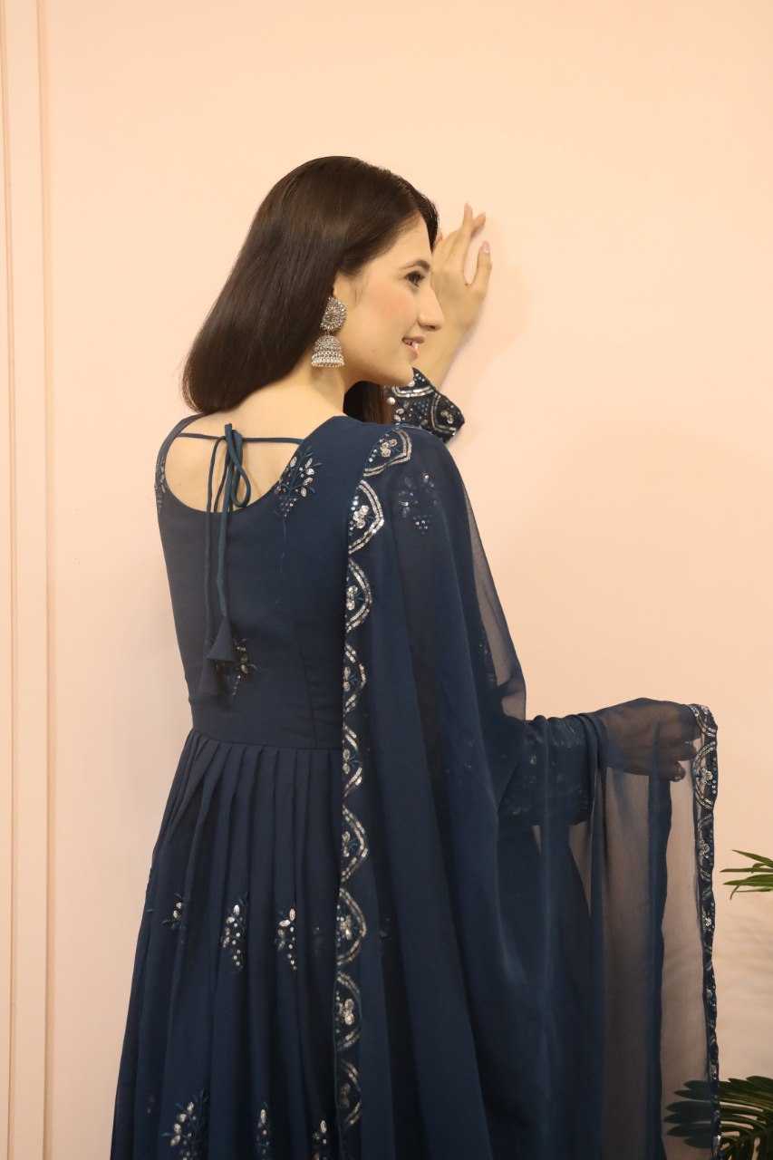 YNF FAUX GEORGETTE KESH164 G55 GOWNS WHOLESALE EMBROIDERED ANARKALI GEORGETTE BLUE GOWNS MANUFACTURER - Deevit International