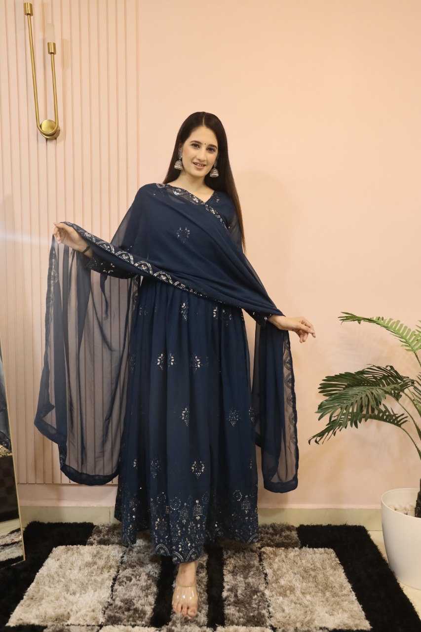 YNF FAUX GEORGETTE KESH164 G55 GOWNS WHOLESALE EMBROIDERED ANARKALI GEORGETTE BLUE GOWNS MANUFACTURER - Deevit International