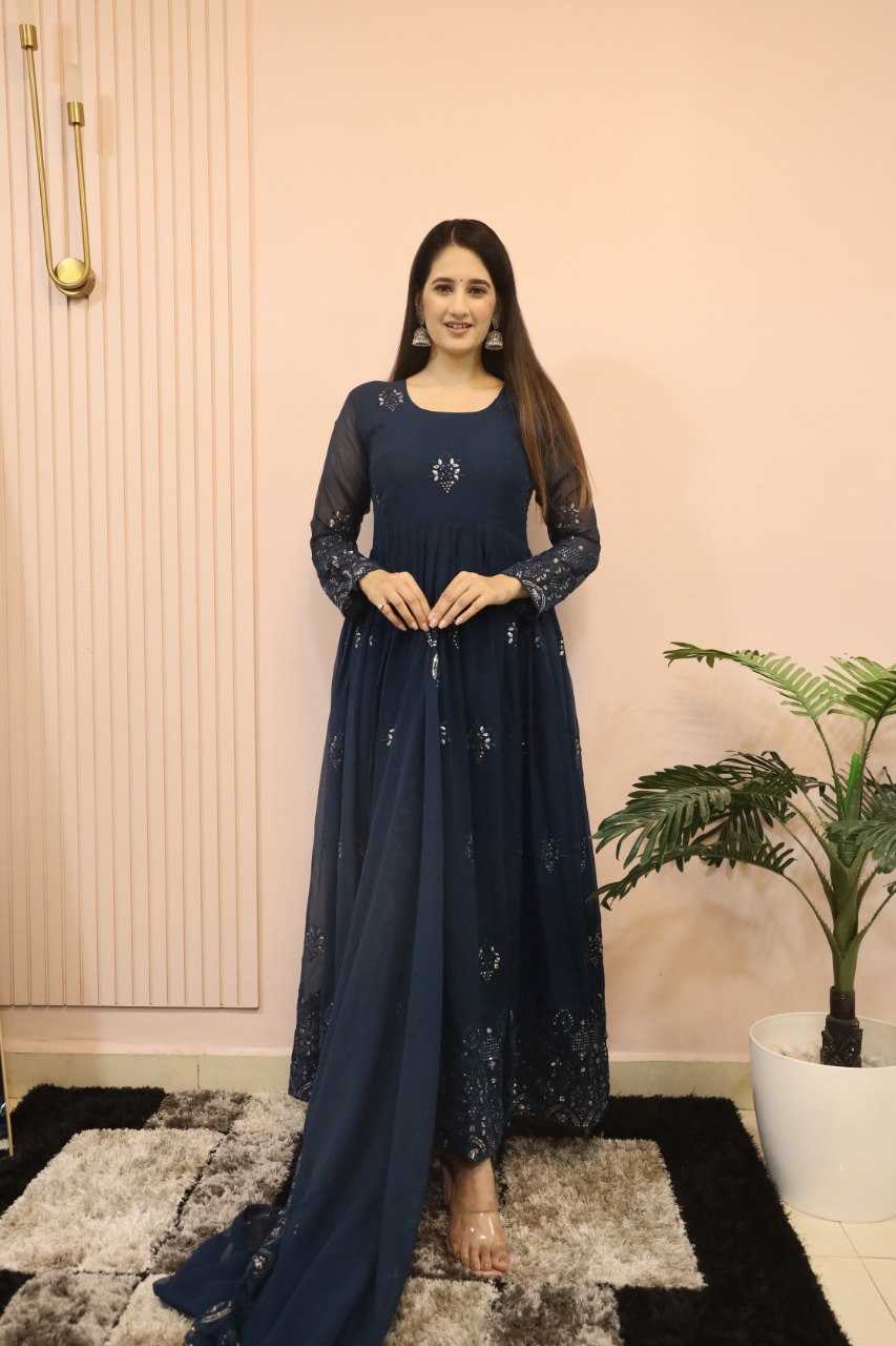 YNF FAUX GEORGETTE KESH164 G55 GOWNS WHOLESALE EMBROIDERED ANARKALI GEORGETTE BLUE GOWNS MANUFACTURER - Deevit International