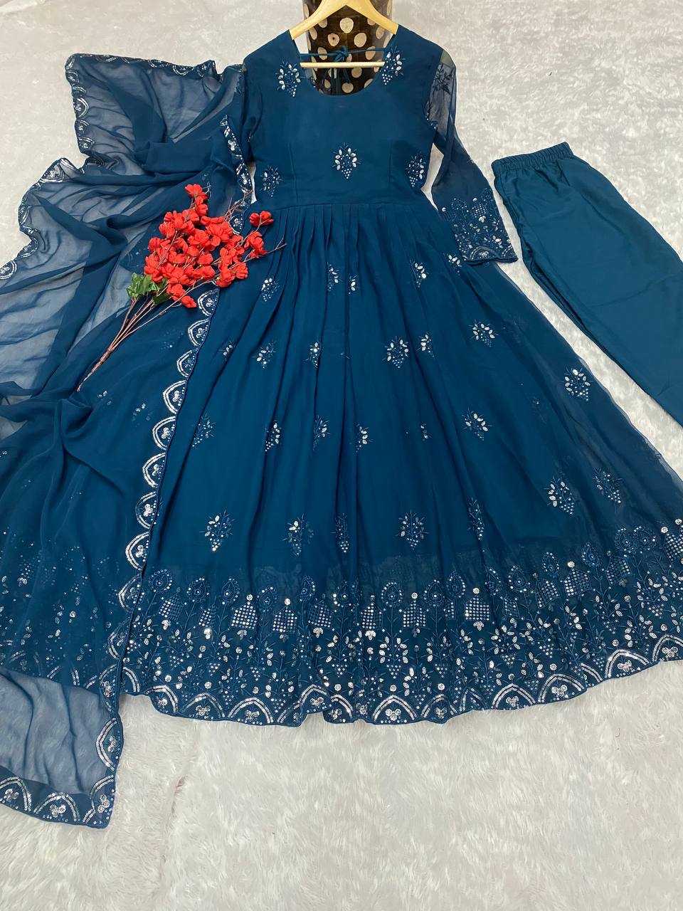 YNF FAUX GEORGETTE KESH164 G55 GOWNS WHOLESALE EMBROIDERED ANARKALI GEORGETTE BLUE GOWNS MANUFACTURER - Deevit International