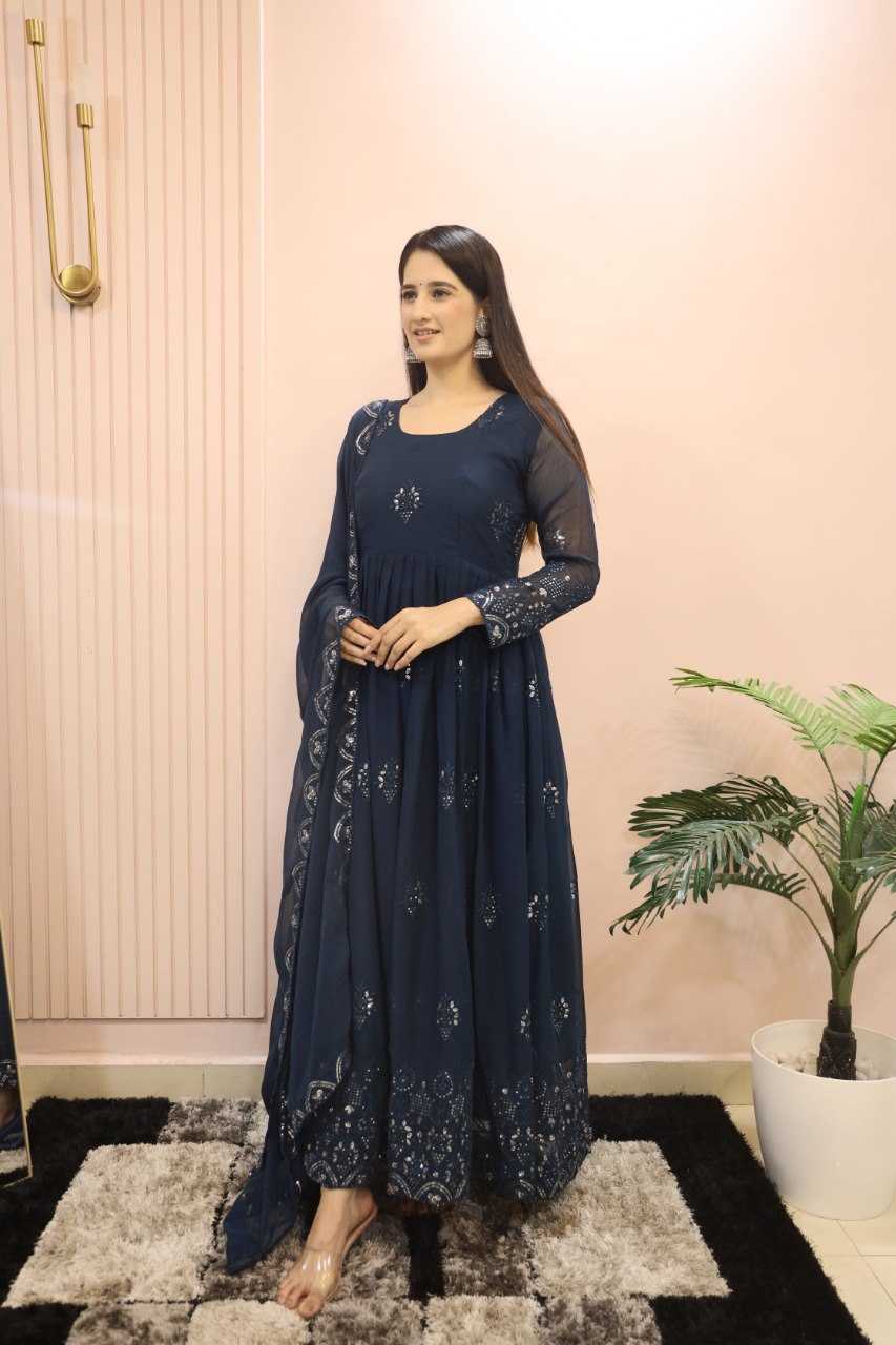 YNF FAUX GEORGETTE KESH164 G55 GOWNS WHOLESALE EMBROIDERED ANARKALI GEORGETTE BLUE GOWNS MANUFACTURER - Deevit International