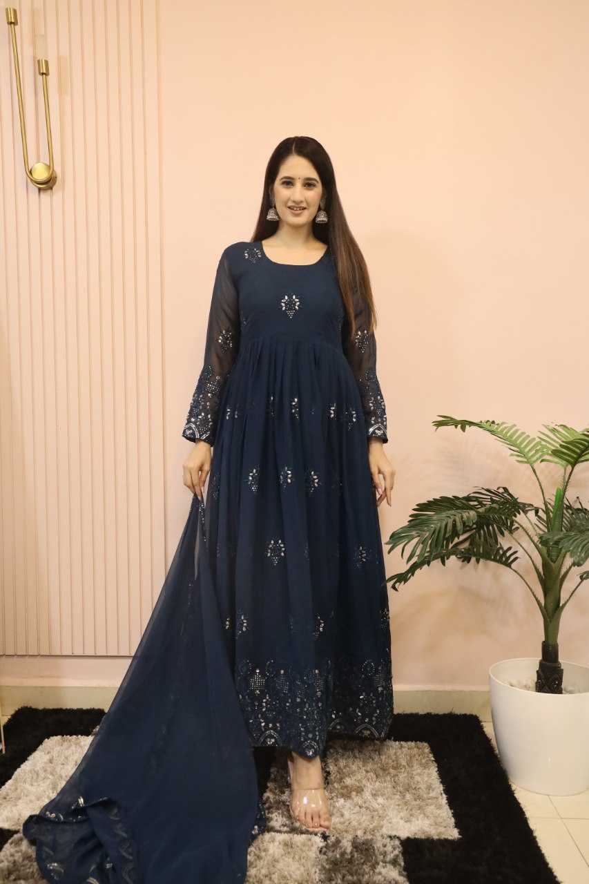 YNF FAUX GEORGETTE KESH164 G55 GOWNS WHOLESALE EMBROIDERED ANARKALI GEORGETTE BLUE GOWNS MANUFACTURER - Deevit International