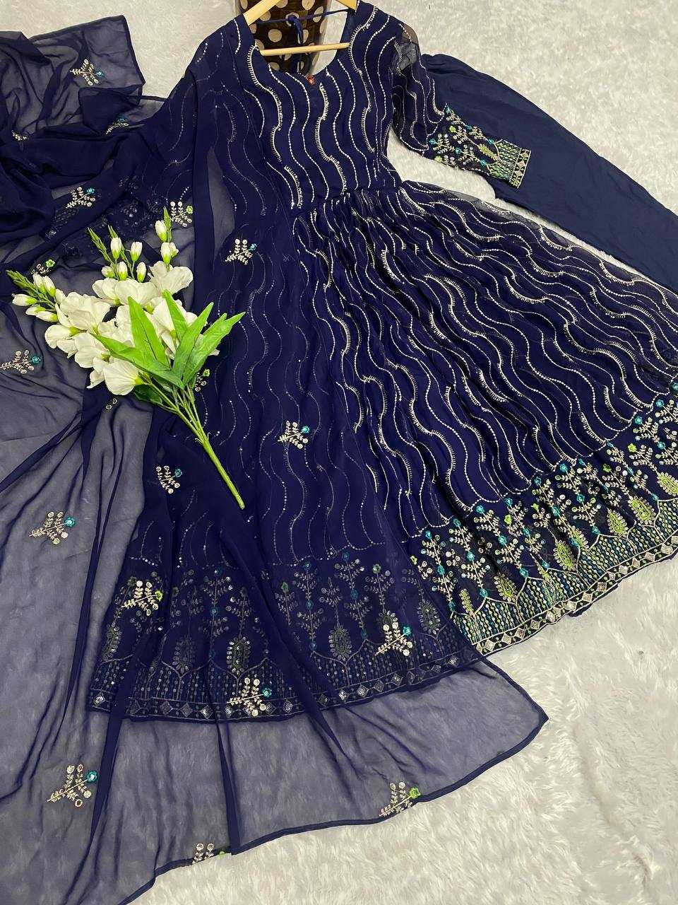 YNF FAUX GEORGETTE KESH164 G57 GOWNS WHOLESALE EMBROIDERED ANARKALI GEORGETTE BLUE GOWNS MANUFACTURER - Deevit International