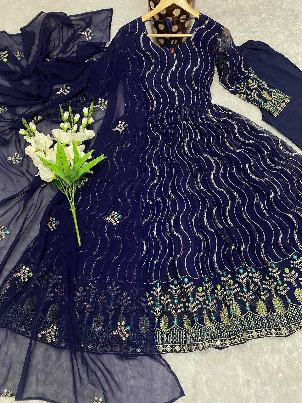 YNF FAUX GEORGETTE KESH164 G57 GOWNS WHOLESALE EMBROIDERED ANARKALI GEORGETTE BLUE GOWNS MANUFACTURER - Deevit International