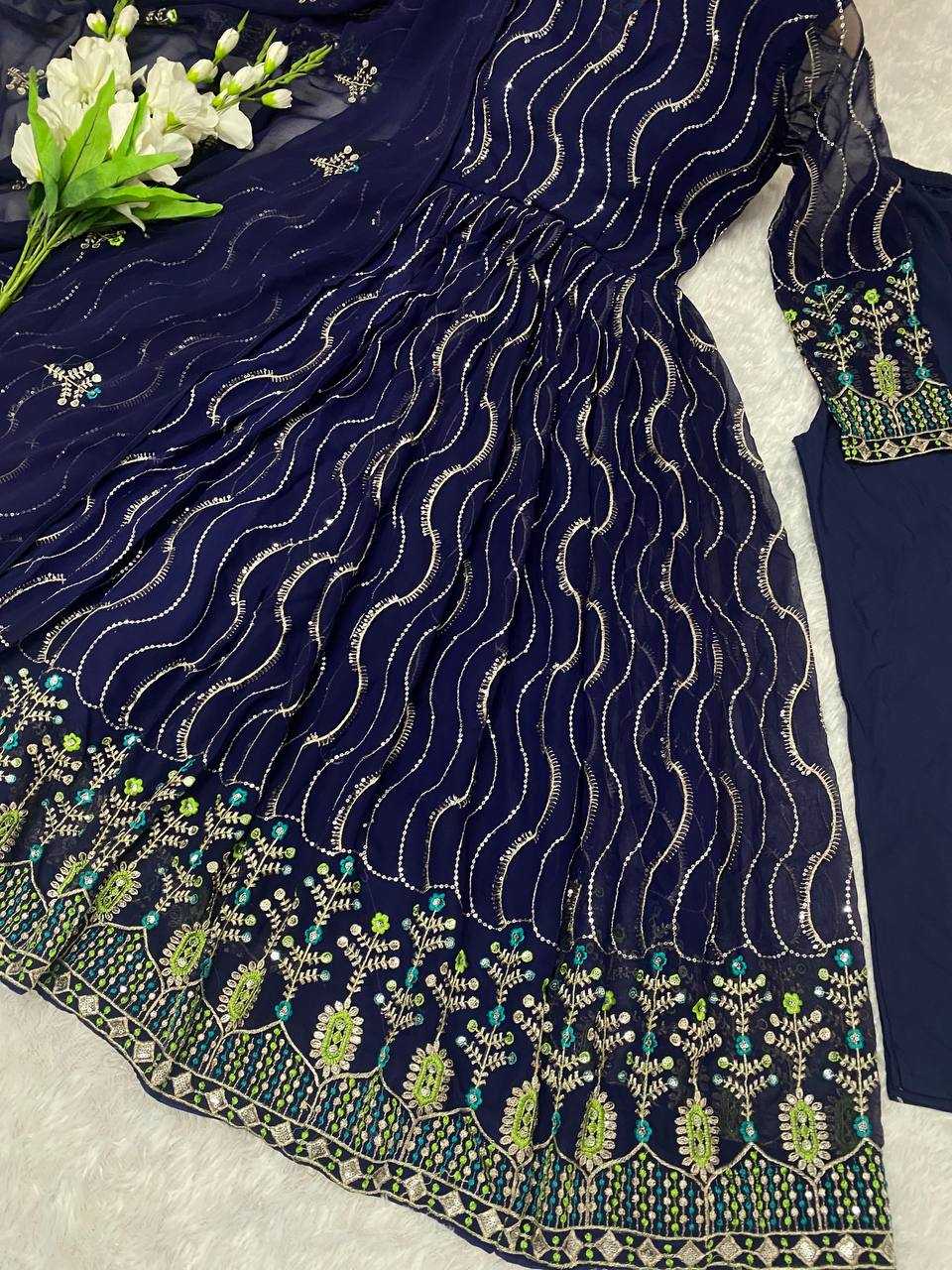 YNF FAUX GEORGETTE KESH164 G57 GOWNS WHOLESALE EMBROIDERED ANARKALI GEORGETTE BLUE GOWNS MANUFACTURER - Deevit International