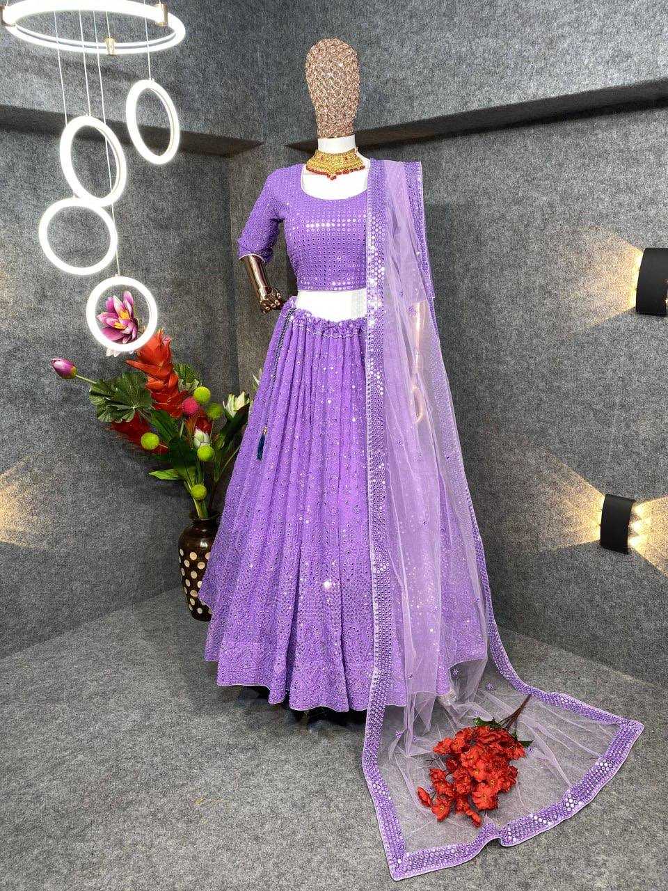 YNF FAUX GEORGETTE KESH164 L09 LEHENGAS WHOLESALE DESIGENR GEORGETTE WEDDING SEQUINS PURPLE LEHENGAS MANUFACTURER - Deevit International