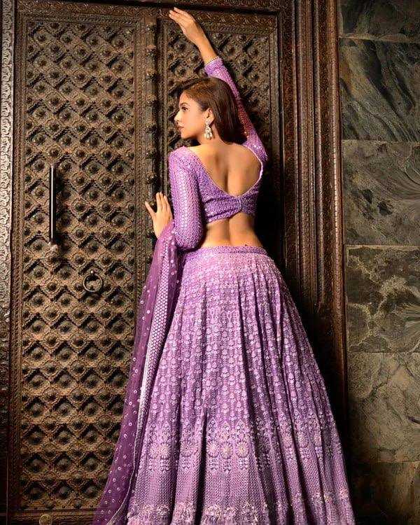 YNF FAUX GEORGETTE KESH164 L09 LEHENGAS WHOLESALE DESIGENR GEORGETTE WEDDING SEQUINS PURPLE LEHENGAS MANUFACTURER - Deevit International