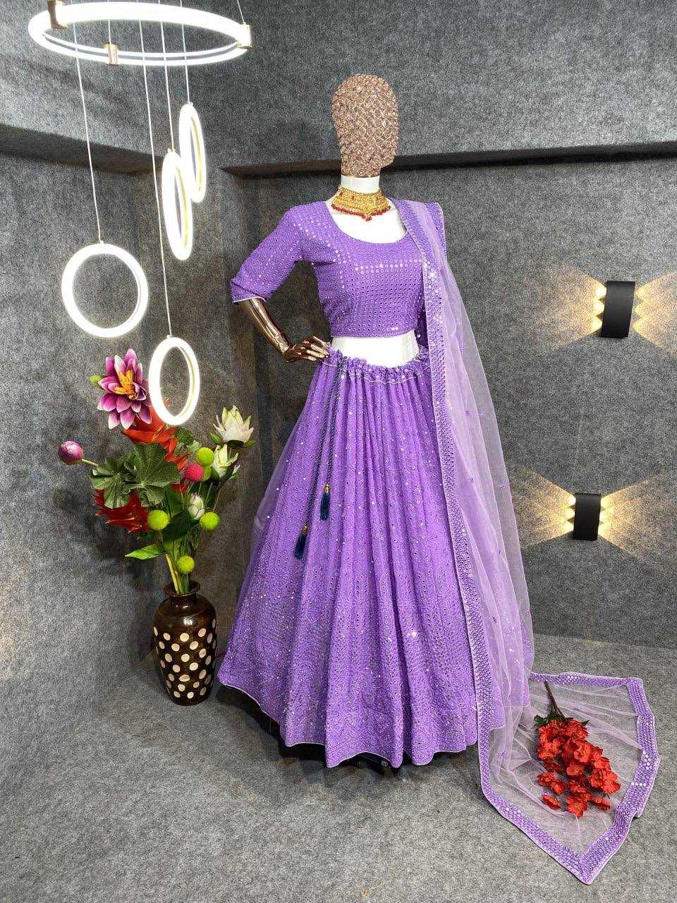 YNF FAUX GEORGETTE KESH164 L09 LEHENGAS WHOLESALE DESIGENR GEORGETTE WEDDING SEQUINS PURPLE LEHENGAS MANUFACTURER - Deevit International