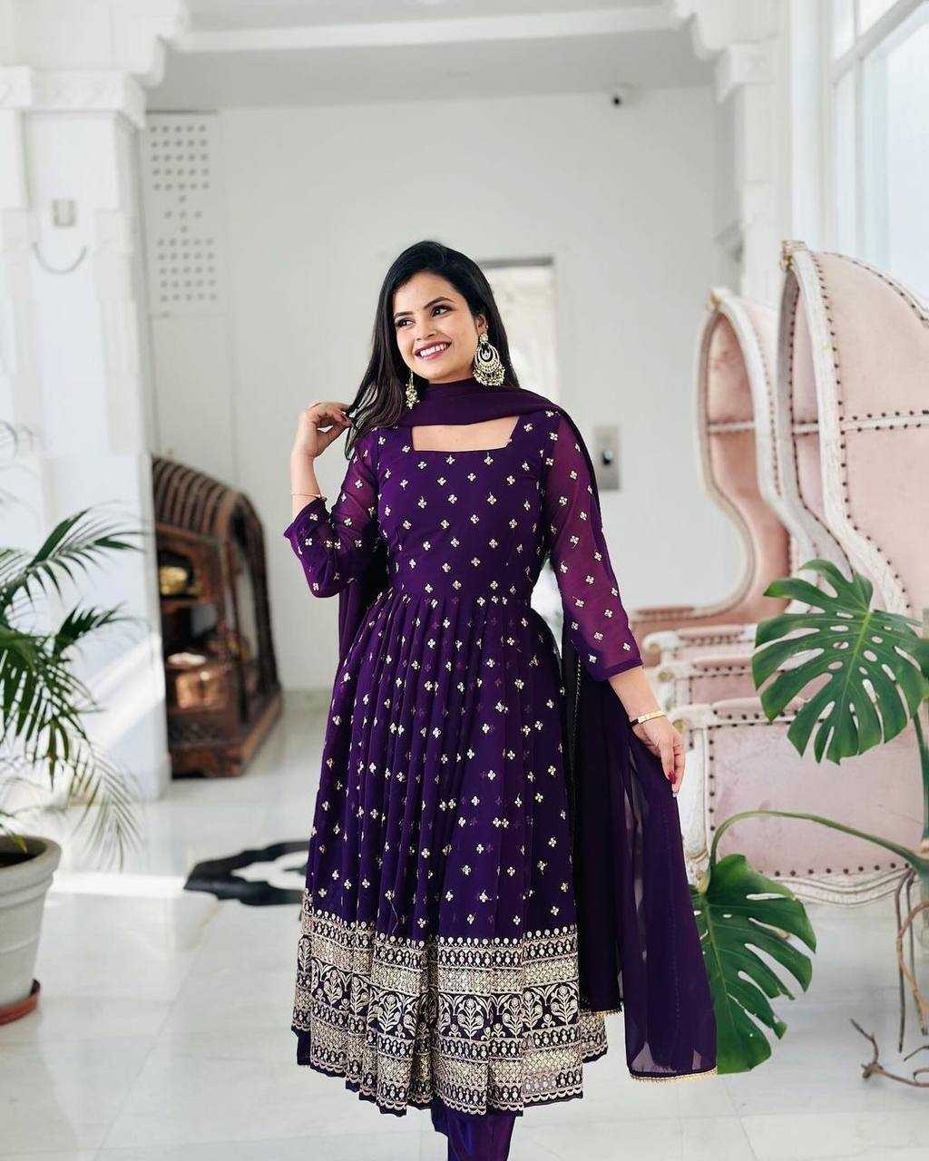 YNF FAUX GEORGETTE KESH224 184 GOWNS WHOLESALE EMBROIDERED ANARKALI LONG GEORGETTE GOWNS WITH DUPATTA PURPLE GOWNS MANUFACTURER