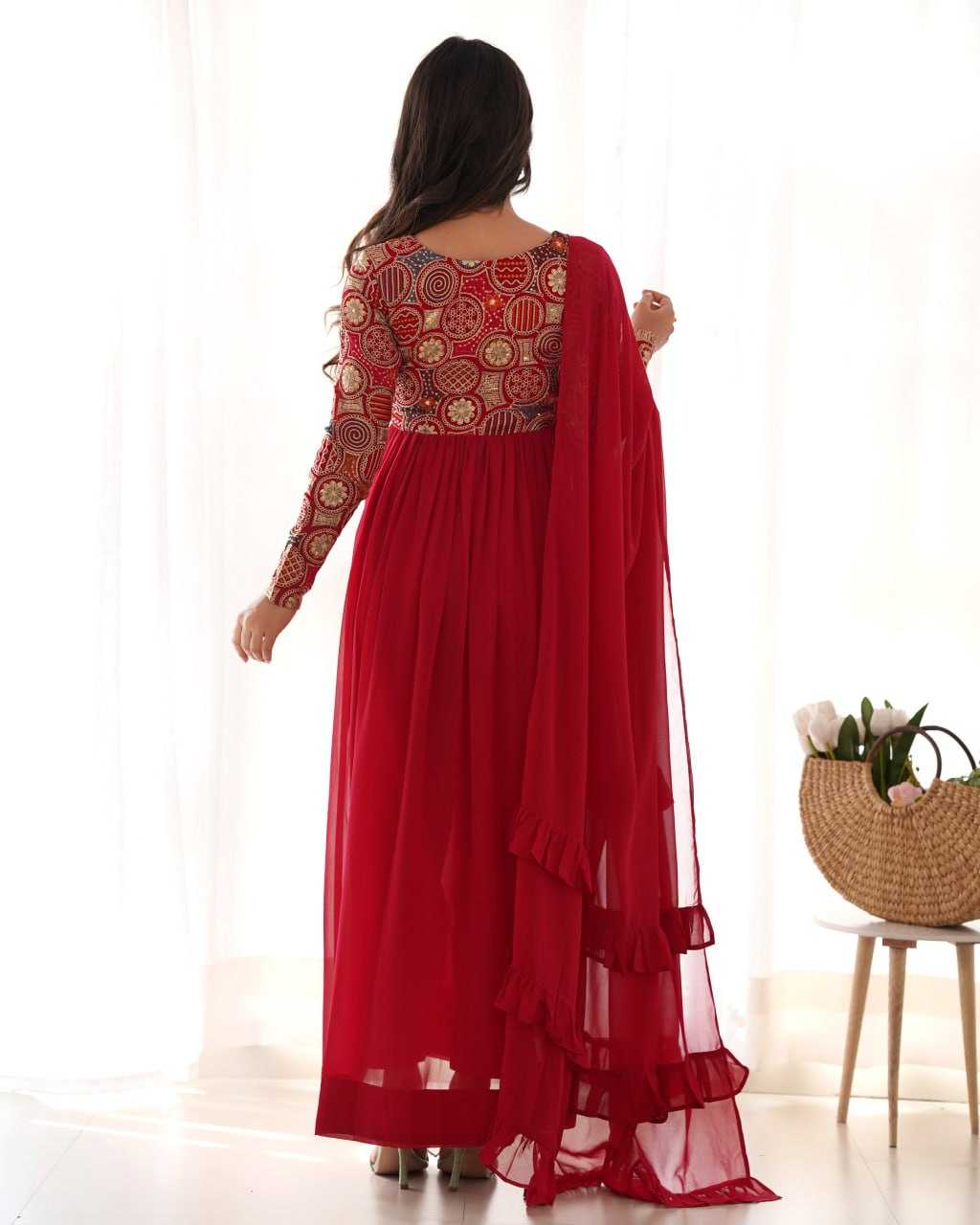 YNF FAUX GEORGETTE KESH229 39 GOWNS WHOLESALE EMBROIDERED ANARKALI LONG GEORGETTE FULL SLEEVE RED GOWNS MANUFACTURER