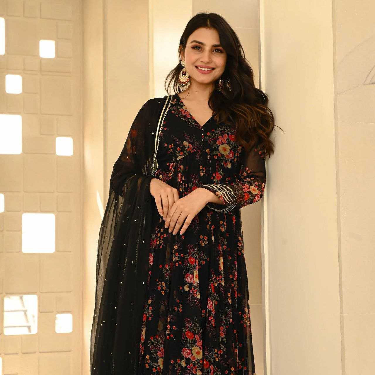 YNF GEOREGTTE KESH154 1139 GOWNS WHOLESALE GEOREGTTE BLACK PRINTED ANARKALI GOWNS MANUFACTURER - Deevit International