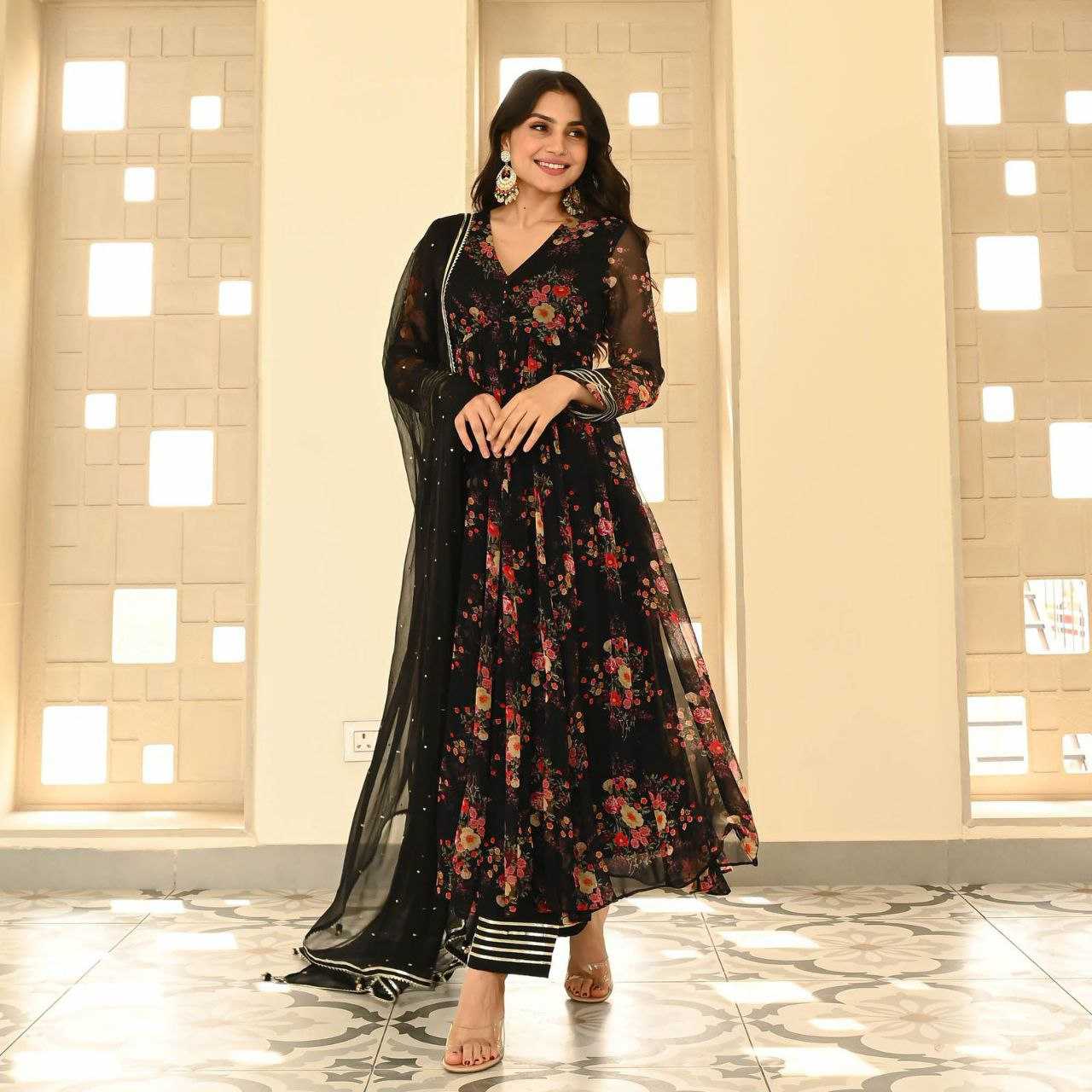 YNF GEOREGTTE KESH154 1139 GOWNS WHOLESALE GEOREGTTE BLACK PRINTED ANARKALI GOWNS MANUFACTURER - Deevit International