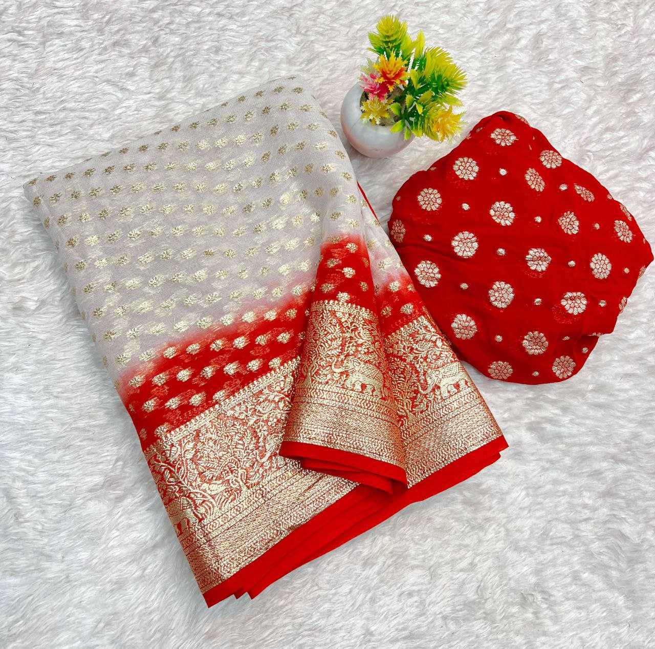 YNF GEORGETTE KESH202 Hathi SAREES WHOLESALE GEORGETTE BUTTA VISCOSE ZARI DURGA POOJA SAREES  MANUFACTURER