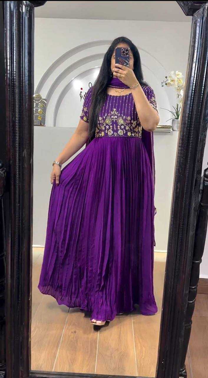 YNF GEORGETTE KESH232 906 GOWNS WHOLESALE EMBROIDERED LONG GEORGETTE PURPLE GOWNS MANUFACTURER - Deevit International