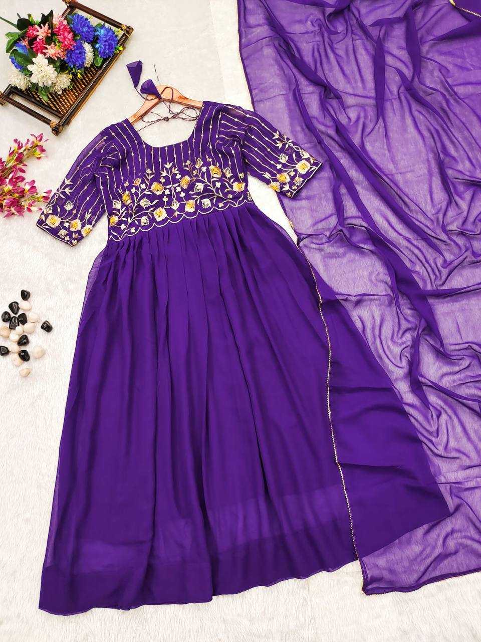 YNF GEORGETTE KESH232 906 GOWNS WHOLESALE EMBROIDERED LONG GEORGETTE PURPLE GOWNS MANUFACTURER - Deevit International