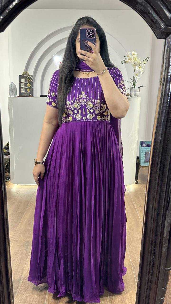 YNF GEORGETTE KESH232 906 GOWNS WHOLESALE EMBROIDERED LONG GEORGETTE PURPLE GOWNS MANUFACTURER - Deevit International