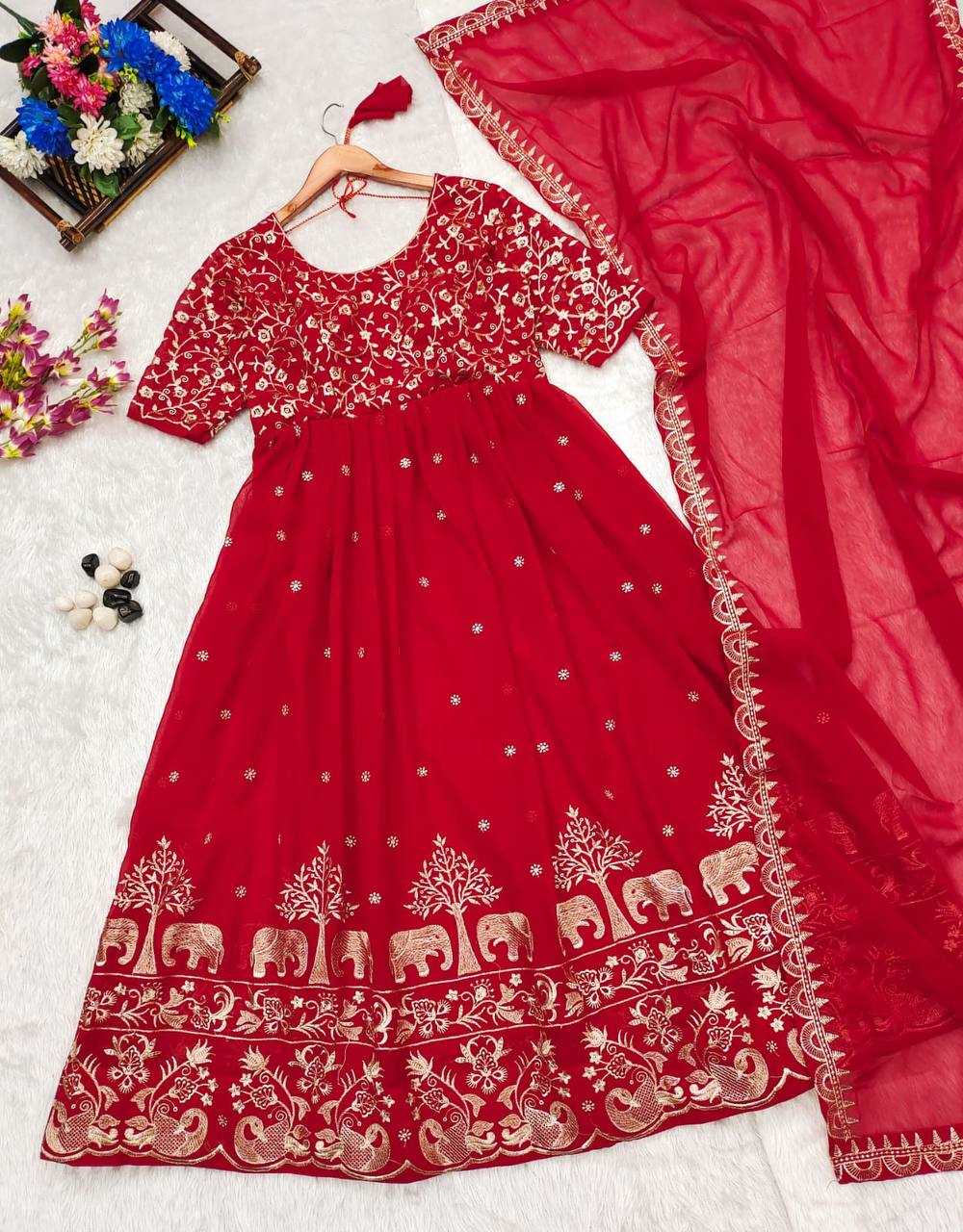 YNF GEORGETTE KESH232 949 GOWNS WHOLESALE EMBROIDERED ANARKALI GEORGETTE RED GOWNS MANUFACTURER - Deevit International