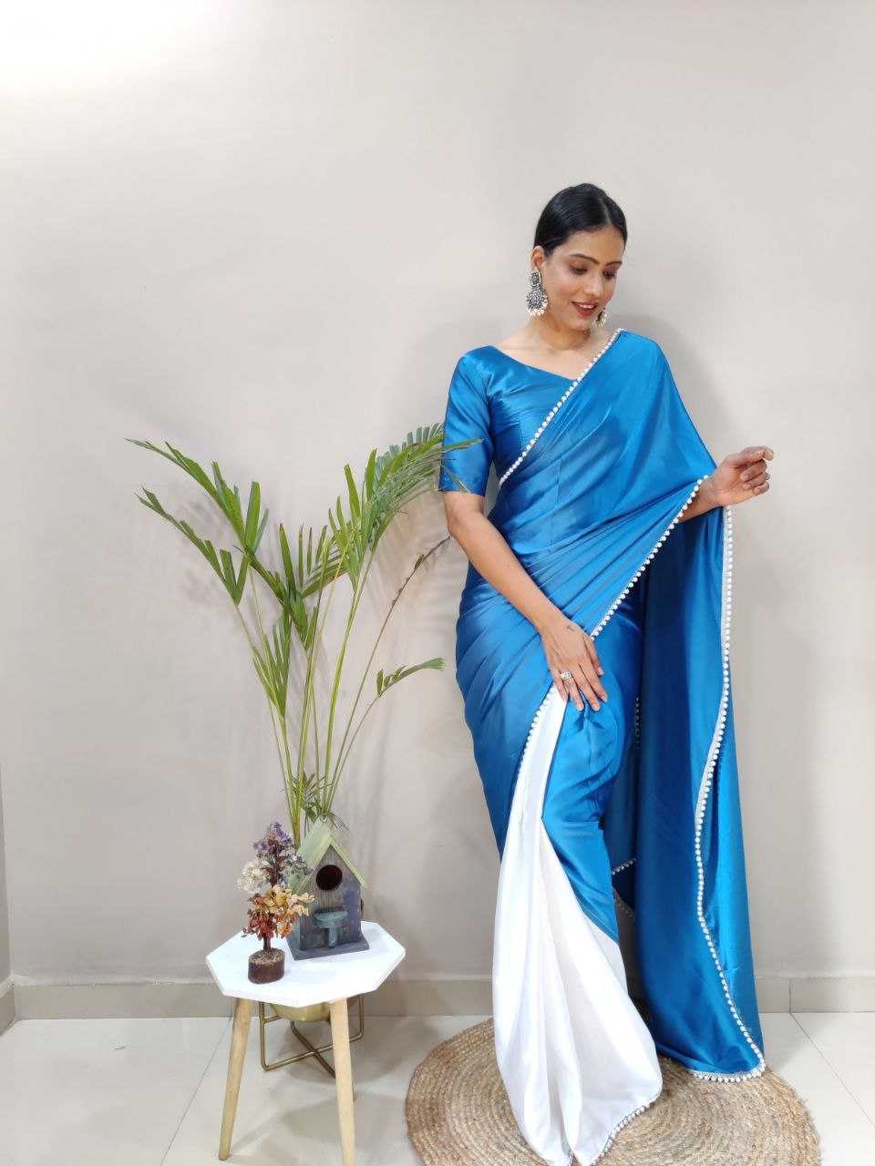 YNF JAPAN SARTIN KESH208 063 SAREES WHOLESALE CRAPE SATIN HALF AND HALF PLAIN SOLID SARTIN SAREES MANUFACTURER