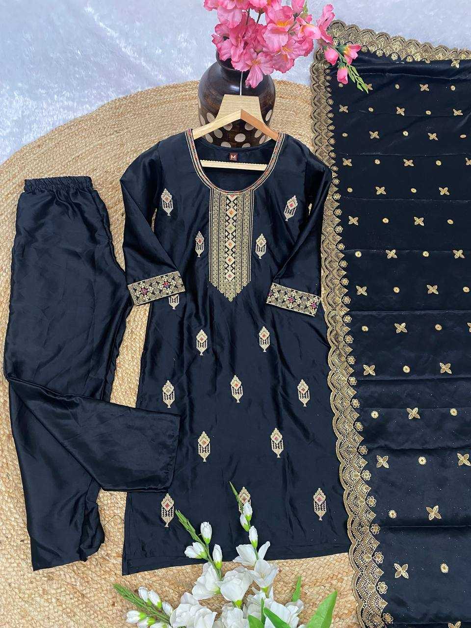 YNF MALAY SATIN SILK KESH164 G70 SUITS & DRESSES WHOLESALE EMBROIDRY LONG KURTI BLACK SALWAR LADIES SILK SUITS MANUFACTURE - Deevit International