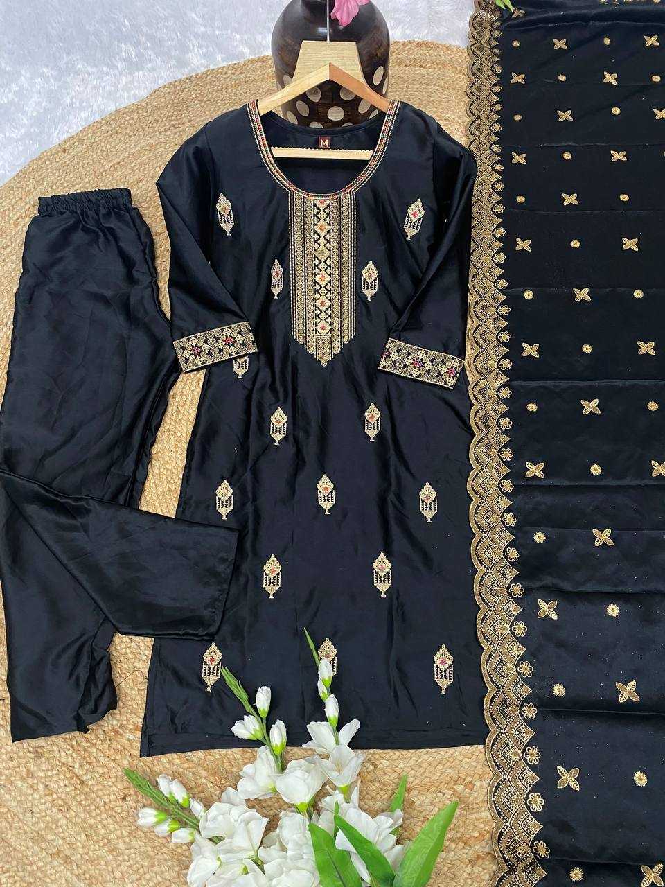 YNF MALAY SATIN SILK KESH164 G70 SUITS & DRESSES WHOLESALE EMBROIDRY LONG KURTI BLACK SALWAR LADIES SILK SUITS MANUFACTURE - Deevit International