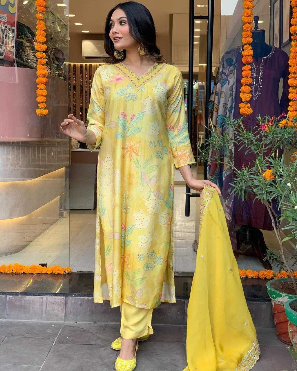 YNF MUSLIN KESH164 G60 SUITS & DRESSES WHOLESALE PRINTED LONG KURTI YELLOW SALWAR EMBROIDRY SUITS MANUFACTURE - Deevit International