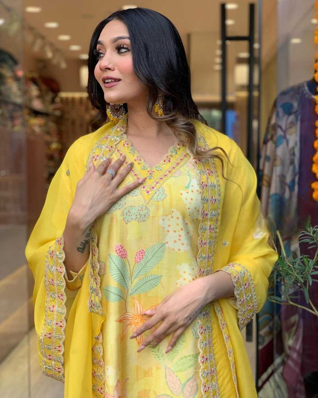 YNF MUSLIN KESH164 G60 SUITS & DRESSES WHOLESALE PRINTED LONG KURTI YELLOW SALWAR EMBROIDRY SUITS MANUFACTURE - Deevit International