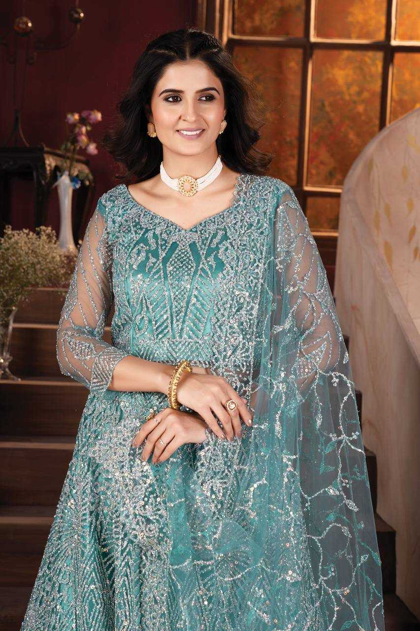 YNF NET RIN114 5027 LEHENGAS WHOLESALE DESIGNER NET FANCY EMBROIDERED BLUE LEHENGAS MANUFACTURER