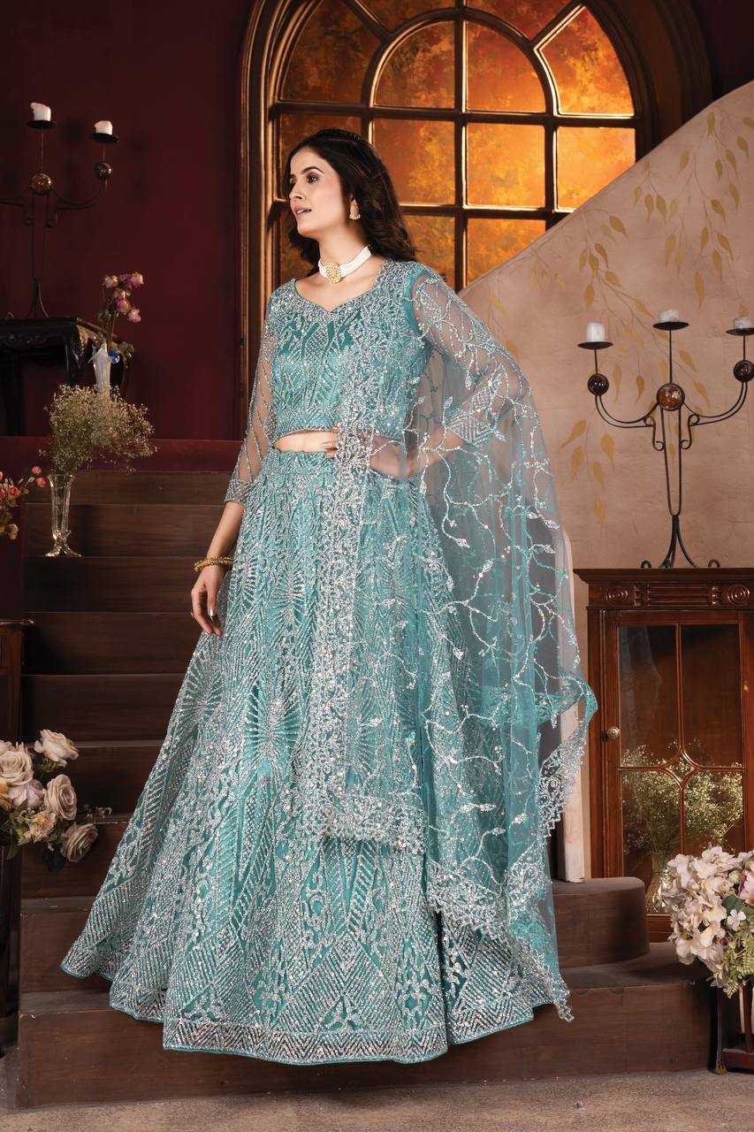 YNF NET RIN114 5027 LEHENGAS WHOLESALE DESIGNER NET FANCY EMBROIDERED BLUE LEHENGAS MANUFACTURER