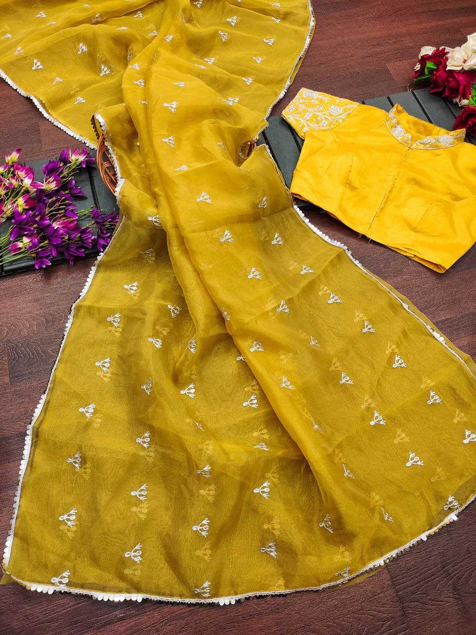 YNF ORGANZA SILK KESH188 9202 SAREES WHOLESALE ORGANZA SEQUENCE EMBROIDERED SILK SAREES WITH BLOUSE YELLOW SAREES MANUFACTURER