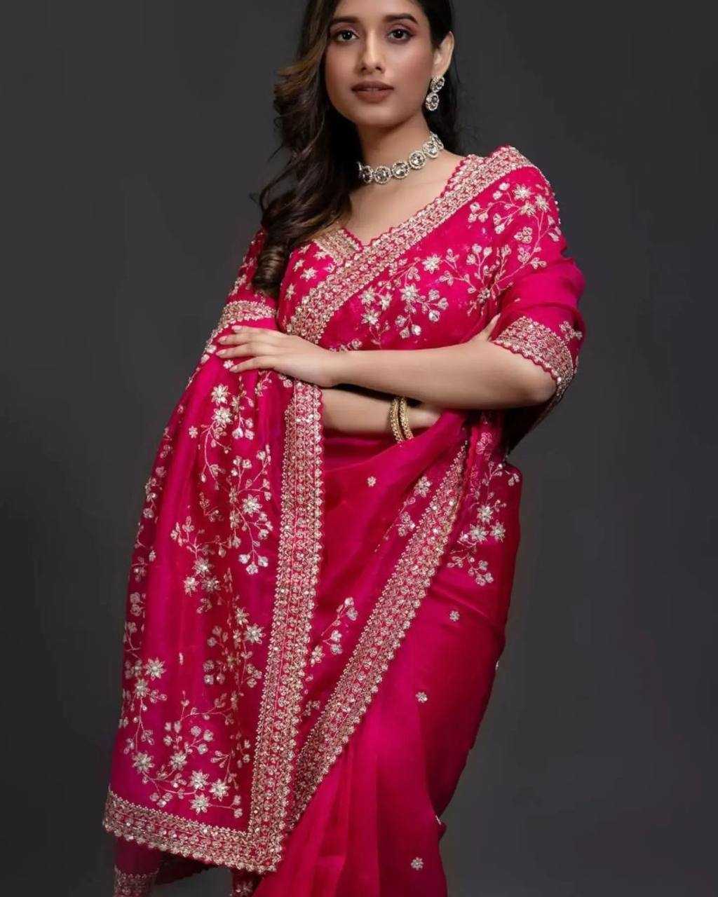 YNF ORGANZA SILK RIN187 653 SAREES WHOLESALE SEQUENCE EMBRODERY ORGANZA PINK SAREES MANUFACTURER - Deevit International