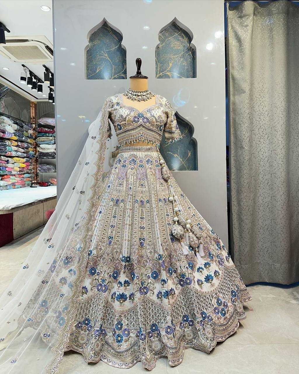 YNF SATIN SILK RIN108 1686 LEHENGAS WHOLESALE DESIGENR SILK WEDDING SEQUIND WHITE LEHENGAS MANUFACTURER - Deevit International