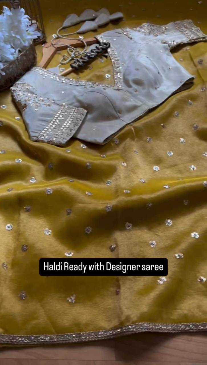 YNF TWILL NET RIN133 528 SAREES WHOLESALE DESIGNER SEQUENCE NET YELLOW SAREES MANUFACTURER