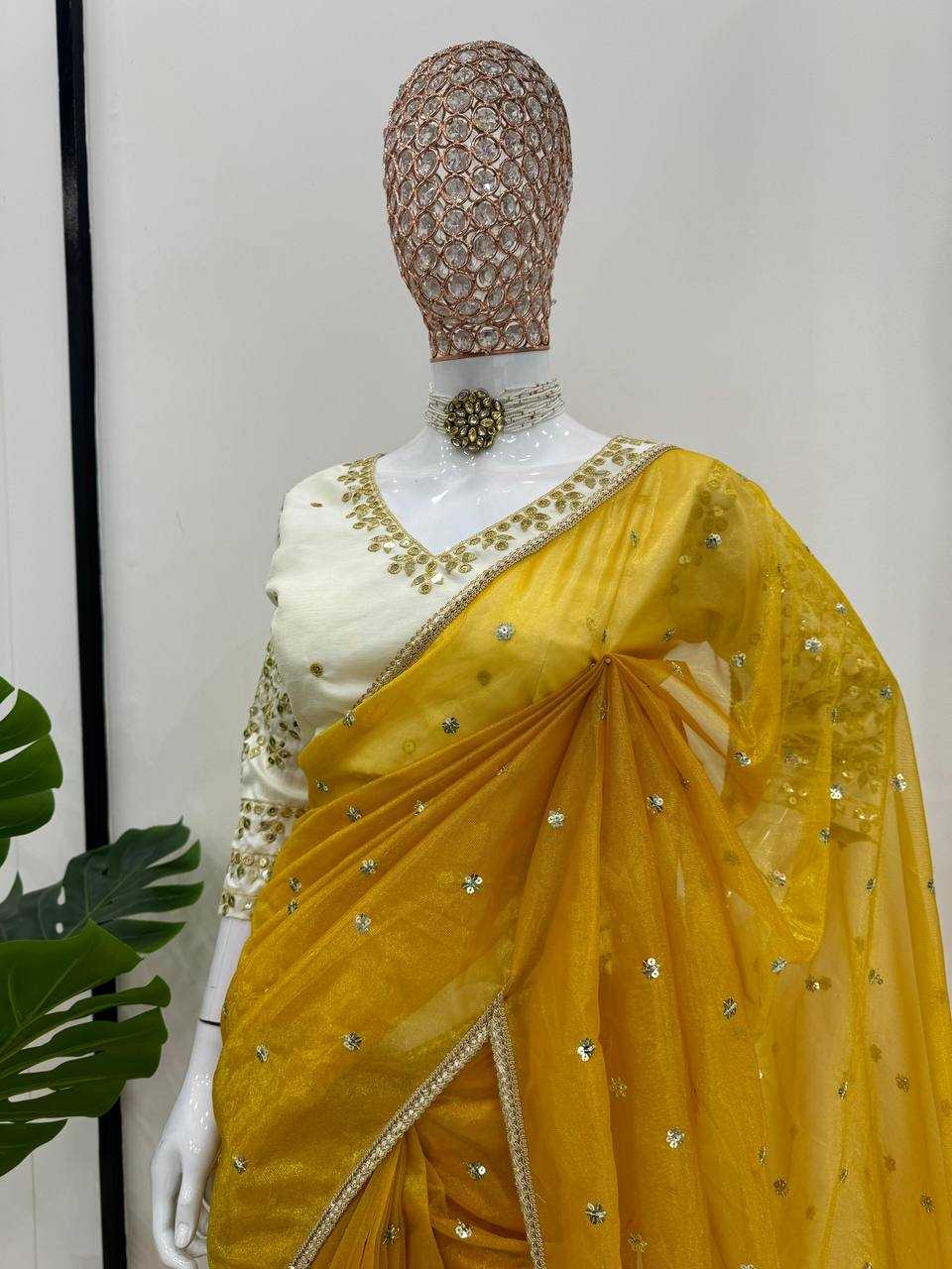 YNF TWILL NET RIN133 528 SAREES WHOLESALE DESIGNER SEQUENCE NET YELLOW SAREES MANUFACTURER