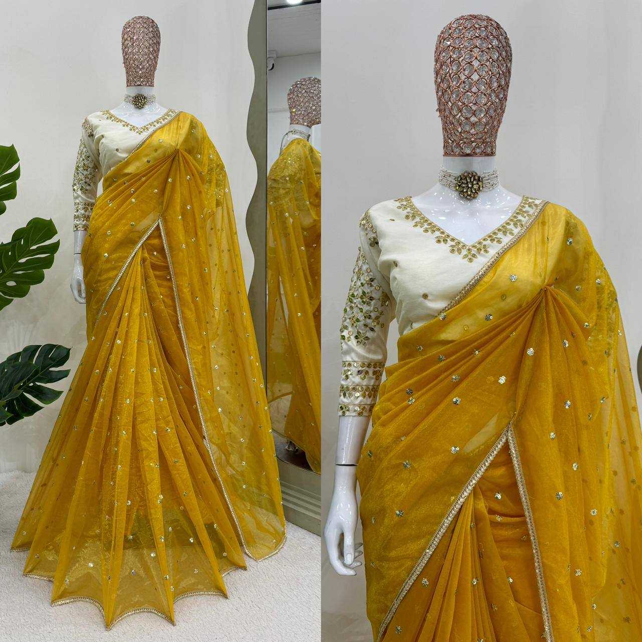 YNF TWILL NET RIN133 528 SAREES WHOLESALE DESIGNER SEQUENCE NET YELLOW SAREES MANUFACTURER