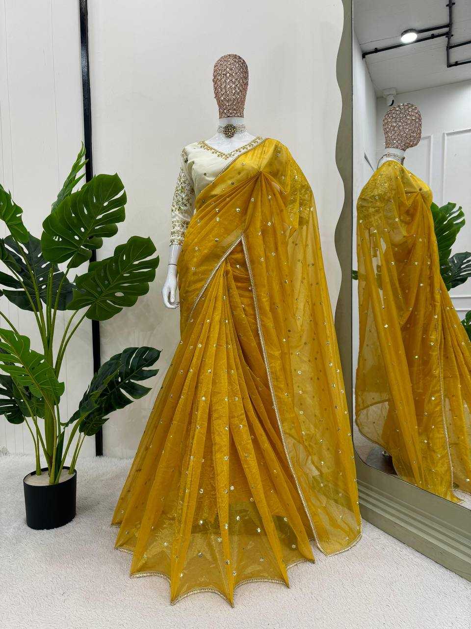 YNF TWILL NET RIN133 528 SAREES WHOLESALE DESIGNER SEQUENCE NET YELLOW SAREES MANUFACTURER