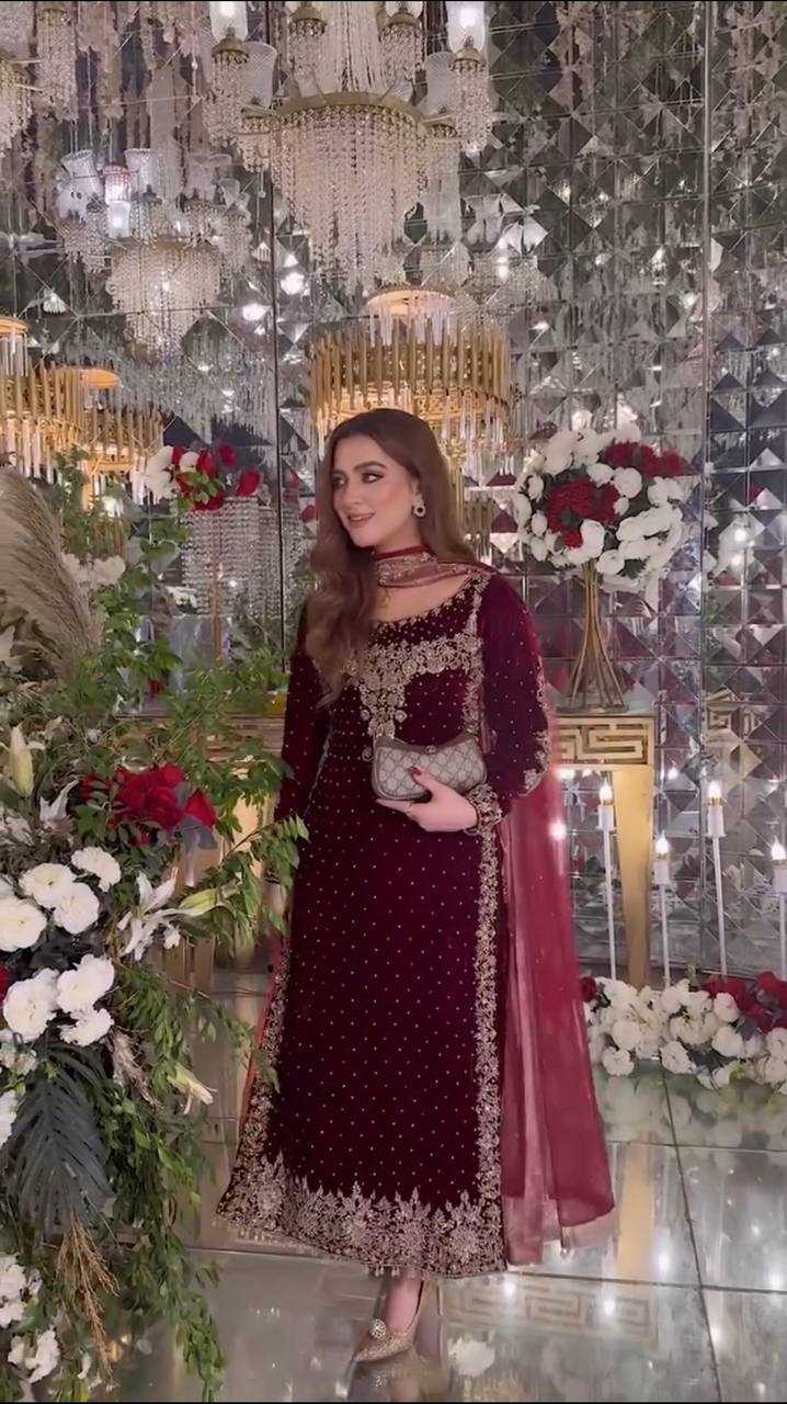 YNF VELVET KESH124 818 SUITS & DRESSES WHOLESALE VELVET EMBROIDERY PARTY WEAR MAROON SALWAR SUITS MANUFACTURE