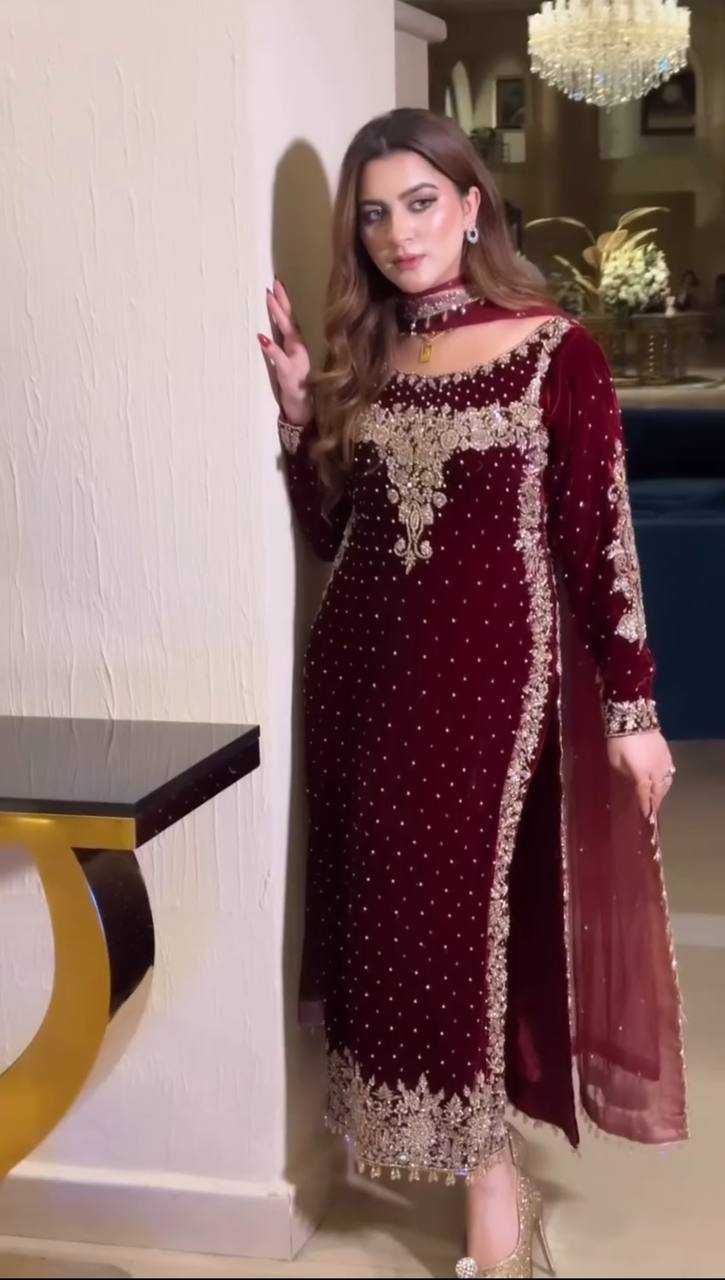 YNF VELVET KESH124 818 SUITS & DRESSES WHOLESALE VELVET EMBROIDERY PARTY WEAR MAROON SALWAR SUITS MANUFACTURE