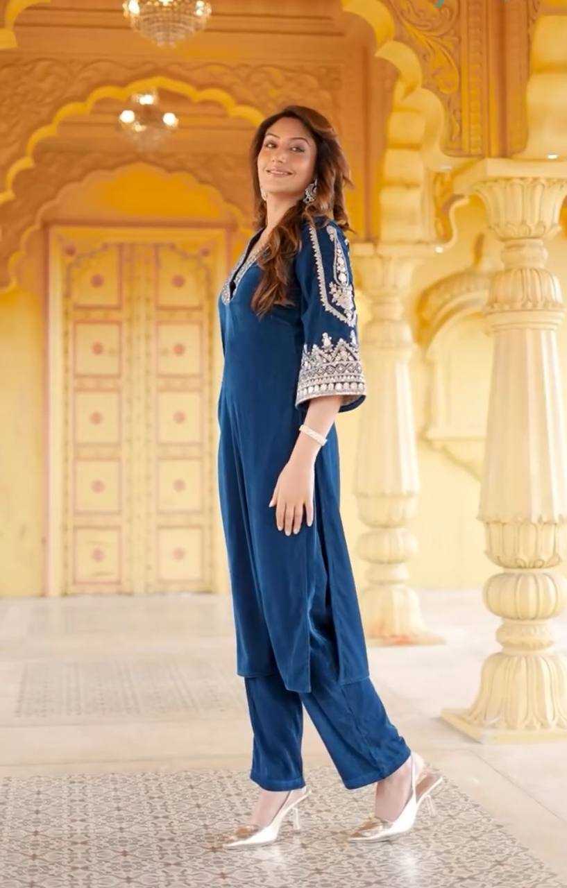 YNF VELVET KESH148 051 KURTIS WHOLESALE EMBROIDERED V NECK 3/4 SLEEVE KURTI WITH PANT BLUE KURTIS MANUFACTURER - Deevit International