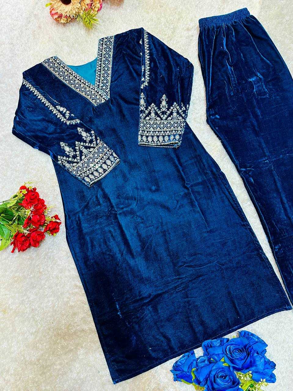 YNF VELVET KESH148 051 KURTIS WHOLESALE EMBROIDERED V NECK 3/4 SLEEVE KURTI WITH PANT BLUE KURTIS MANUFACTURER - Deevit International