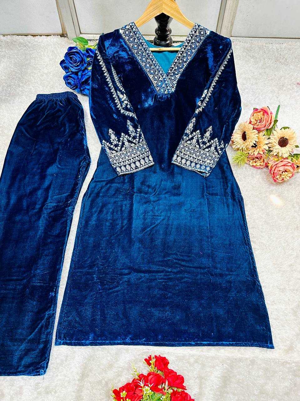 YNF VELVET KESH148 051 KURTIS WHOLESALE EMBROIDERED V NECK 3/4 SLEEVE KURTI WITH PANT BLUE KURTIS MANUFACTURER - Deevit International