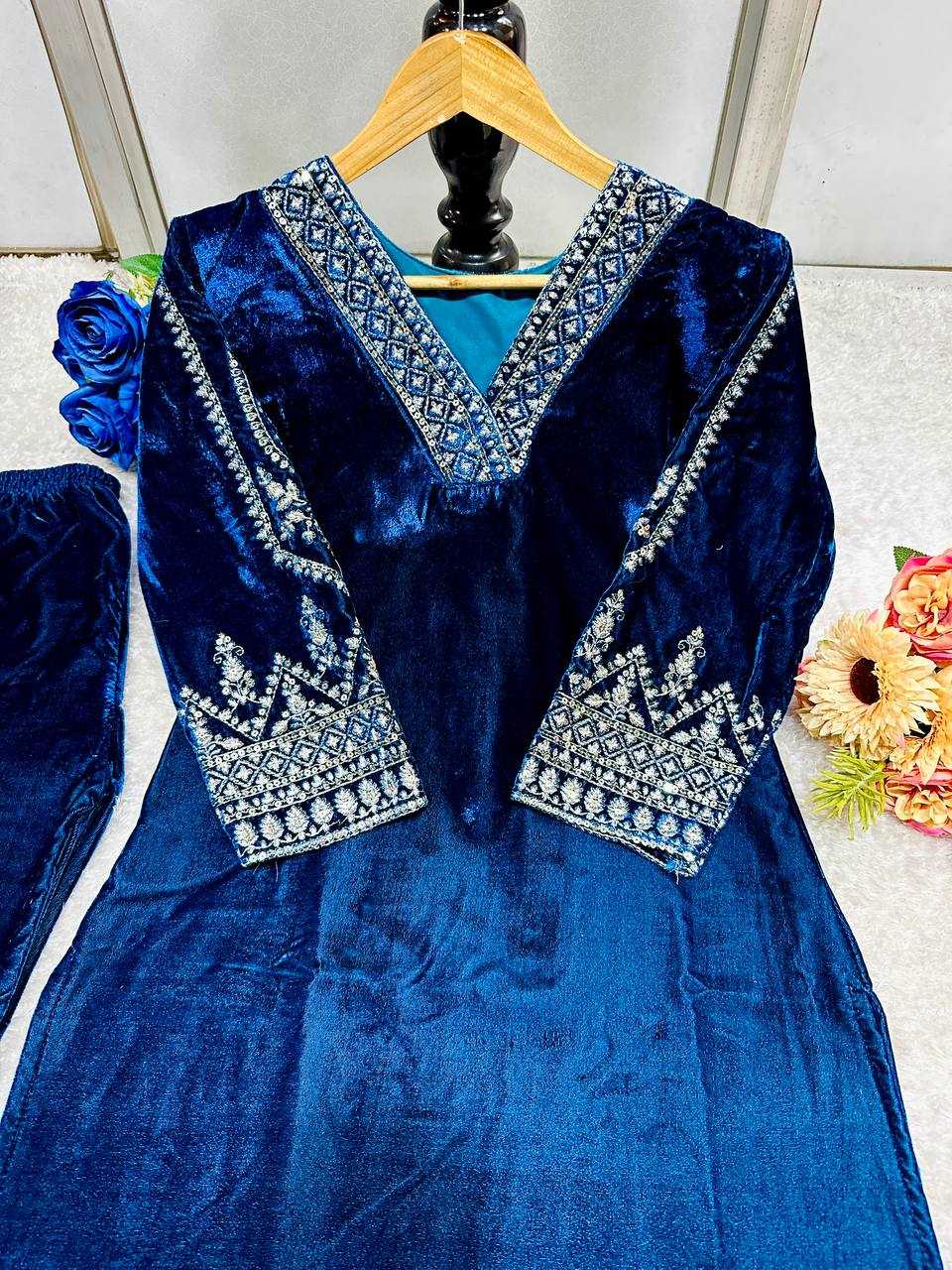 YNF VELVET KESH148 051 KURTIS WHOLESALE EMBROIDERED V NECK 3/4 SLEEVE KURTI WITH PANT BLUE KURTIS MANUFACTURER - Deevit International