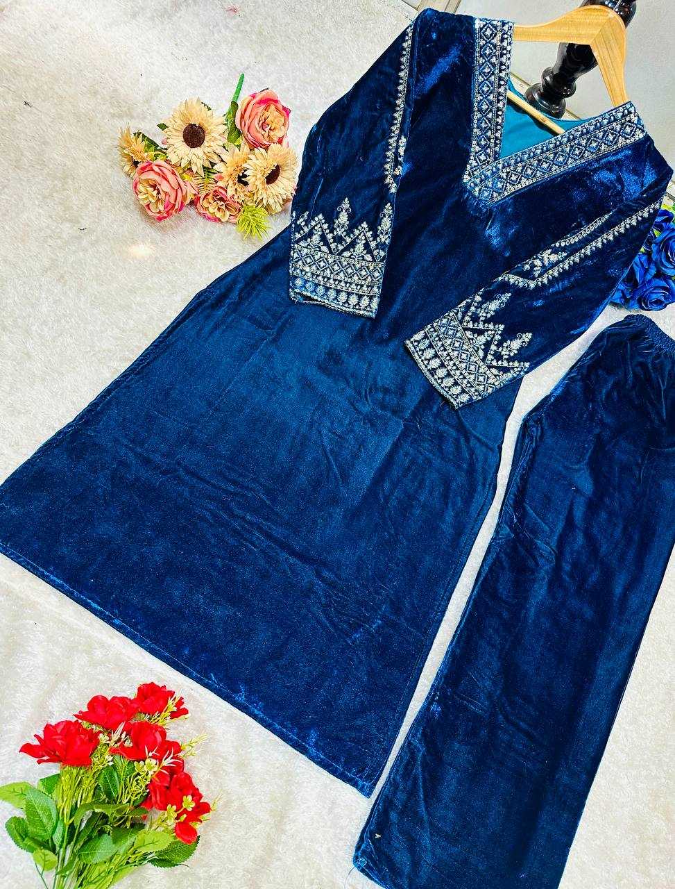 YNF VELVET KESH148 051 KURTIS WHOLESALE EMBROIDERED V NECK 3/4 SLEEVE KURTI WITH PANT BLUE KURTIS MANUFACTURER - Deevit International