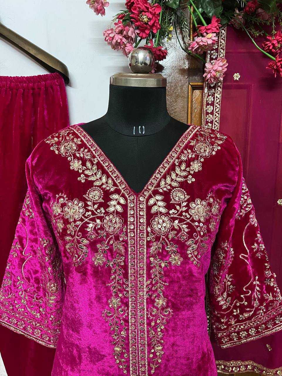 YNF VELVET KESH149 1322 SUITS & DRESSES WHOLESALE VELVET EMBROIDERY LADIES PINK SALWAE SUITS MANUFACTURE - Deevit International