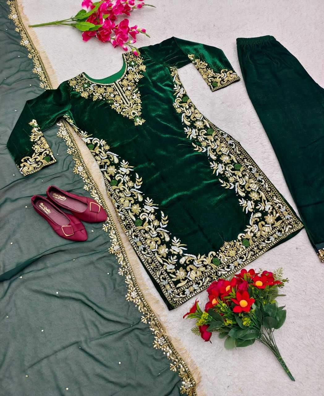 YNF VELVET KESH156 1032 SUITS & DRESSES WHOLESALE KASHMIRI VELVET EMBROIDERED LADIES SILK GREEN SALWAR SUITS MANUFACTURER