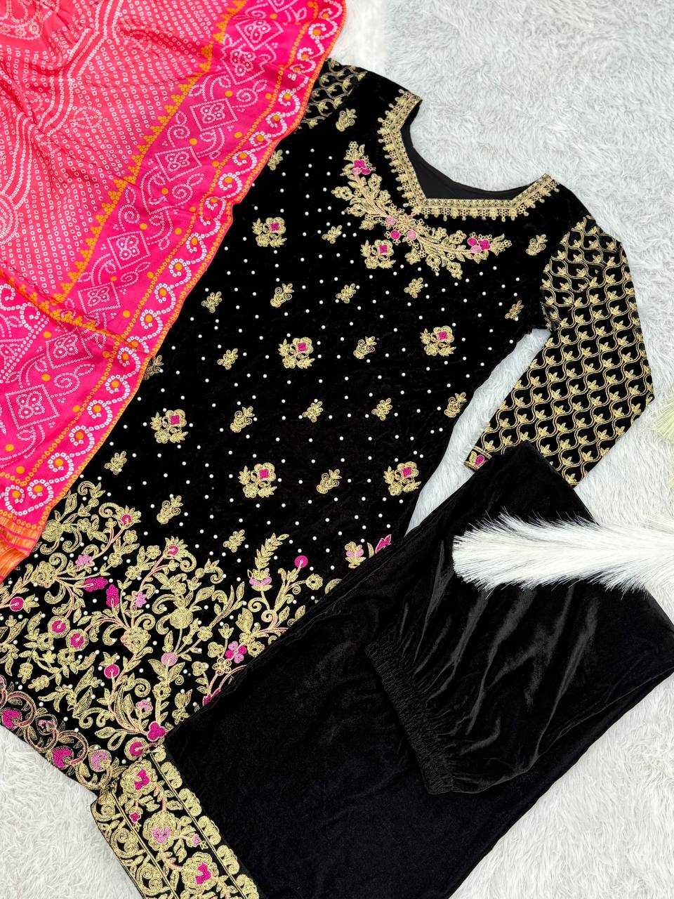 YNF VELVET KESH157 1678 SUITS & DRESSES WHOLESALE VELVET EMBROIDERY FLOOR LENGTH PALAZZO BLACK SALWAR SUITS MANUFACTURE - Deevit International