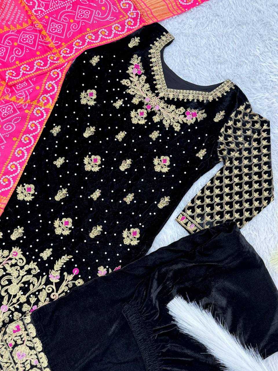 YNF VELVET KESH157 1678 SUITS & DRESSES WHOLESALE VELVET EMBROIDERY FLOOR LENGTH PALAZZO BLACK SALWAR SUITS MANUFACTURE - Deevit International